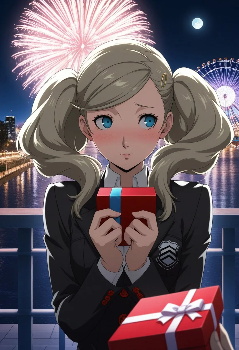 masterpiece,best quality,amazing quality,anime coloring, anime screencap, official art,
Ann Takamaki, persona 5, school uniform,
standing, (shy),looking at viewer, Blonde Twintails, Light Blonde, wind, upper_body,gift box, holding gift close, Accepting gift, looking away, outdoors, night, city lights, full moon, backlighting, fireworks, Ferris wheel,photo background,realistic background, reflection, POV,