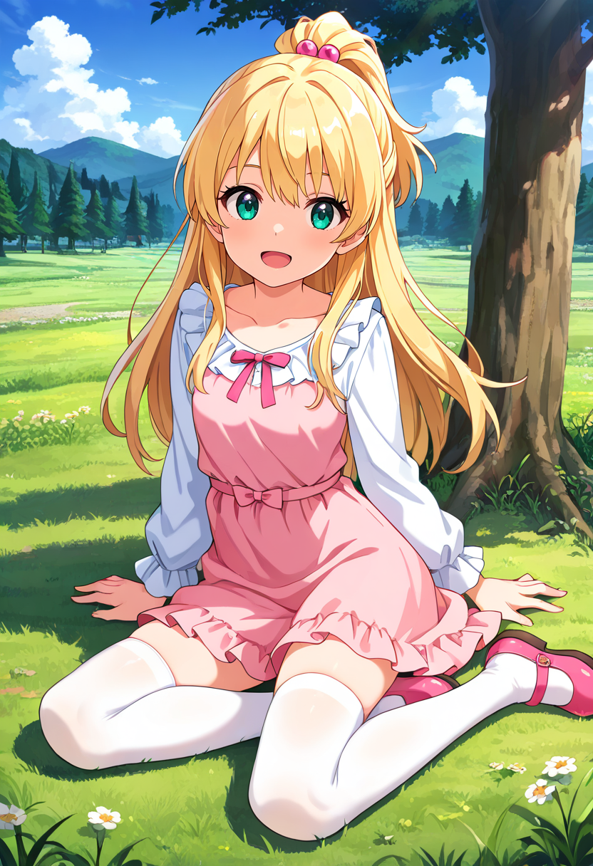 masterpiece, best quality, absurdres, very aesthetic, general,
1girl, solo, long hair, half updo, green eyes, sitting, hair ornament, white legwear, blonde hair, hair bobbles, open mouth, tree, ponytail, zettai ryouiki, day, eyelashes, outdoors, pink skirt, looking at viewer, arm support, grass, full body, casual, cloud, white shirt, pink footwear, blue eyes, on ground, pink dress, yokozuwari, pink bow, mary janes, legs, blue sky, collarbone, long sleeves, shadow, frills, white thighhighs, mountain, smile,