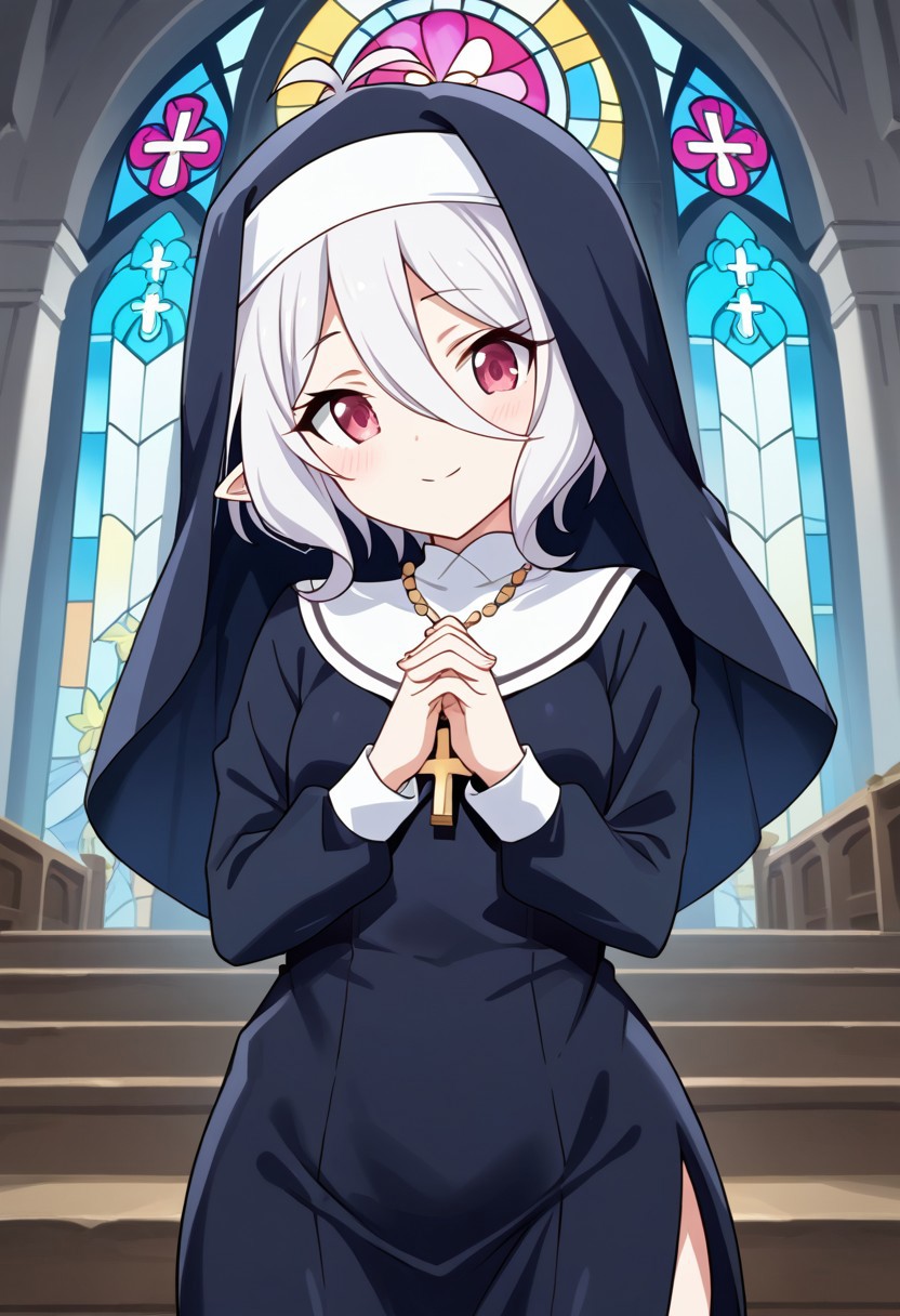 (score_9:0.9),score_8_up,score_7_up,rating_safe,anime style,(zPDXL),masterpiece, anime coloring) rating_safe, anime style, anime_screencap, source_anime,
BREAK source_anime, anime, best quality, masterpiece, rating_safe, uncensored, High quality, 8k, Ultra, 
BREAK (indoors,church, stained glass, cross),
BREAK 1girl, solo, Kokkoro_(Princess_Connect!), red eyes, white hair, short hair, antenna hair, elf, pointy ears, flat chest,
nun dress,white flower-like hat, cross necklace,
BREAK ((cowboy shot)),(((from front))), 
petite body,(small breasts:1.2), 
looking at viewer,smile,praying,