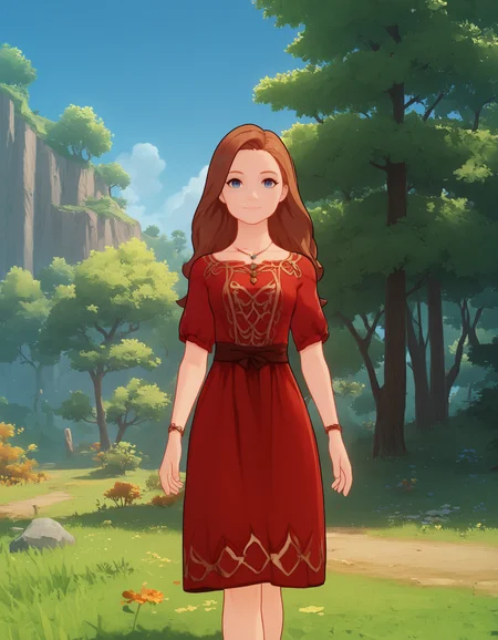 score_9, score_8_up, score_7_up, G3NSHIN, 1girl, standing, long hair, looking at viewer, smile, happy, brown hair, blue eyes, red dress, outdoos, nature, tree, sky,