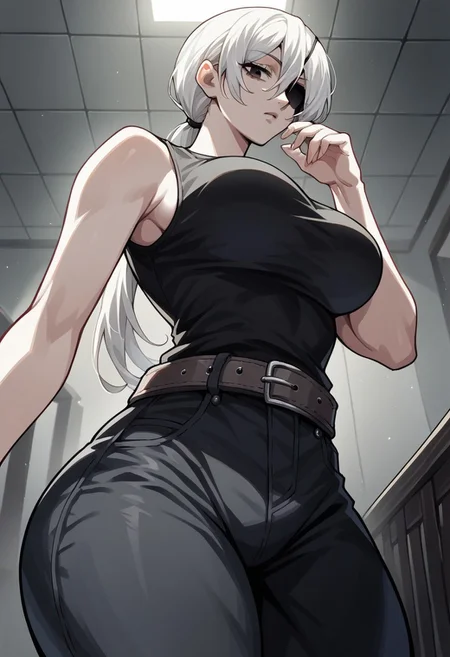 score_9_up, score_8_up, score_7_up, score_6_up, score_5_up, score_4, source_anime, 1girl, white hair, ponytail, long hair, black eyes, eyepatch, black tank top, sleeveless, bare shoulders, brown belt, black pants, high-waist pants,
solo, cinematic lighting, dynamic angle, unique angle, skin tight, room, large breasts, big butt, hips, below view, thick thighs,
