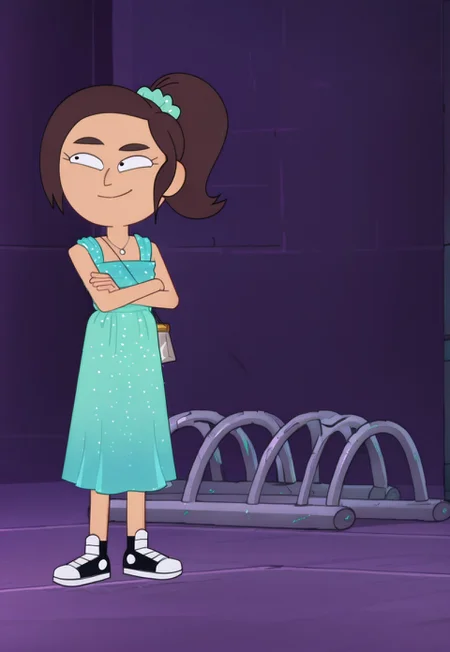 Reagan Ridley, brown hair, pony tail bound by teal scrunchie,
teal sparkling dress, sneakers.
School gym, smile, arms crossed