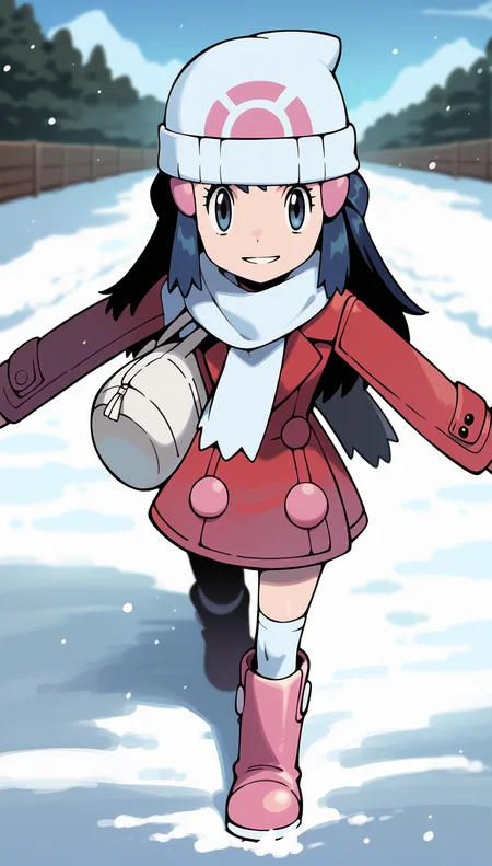score_9,score_8_up,score_7_up,
highres,highly detailed,
<lora:hikaridawn:0.8>,
hikaridawn,
1girl,solo,
navy blue hair,long hair,
looking at viewer,smile,parted lips,steam,
white beanie,pink hair clips,red overcoat,white scarf,white shoulder bag,
white kneehighs,light pink boots,
full body,walking,from above,looking up,holding scarf,face focus,
blurry background,vignetting,outdoors,snowfield,snow,winter,footprints,light particles,snowing,