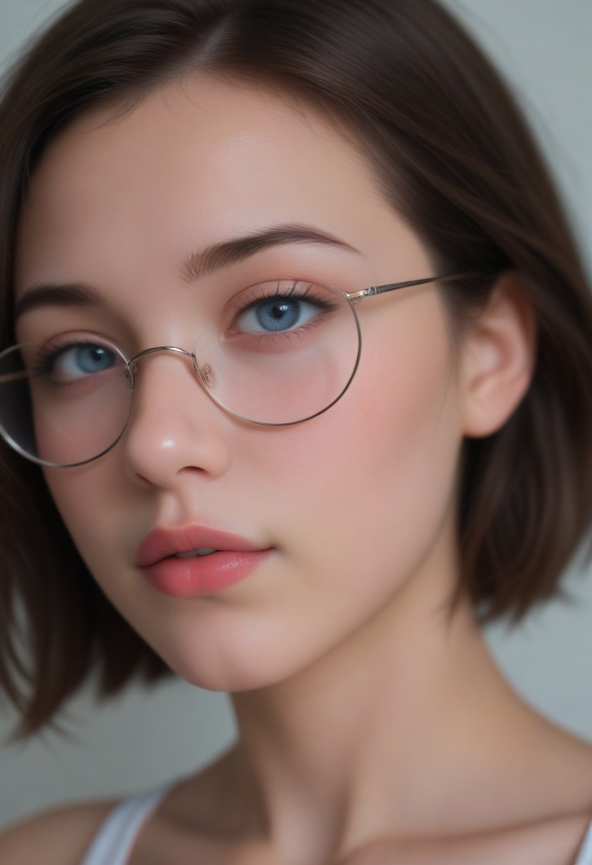 (((ultra high res))), (photorealistic), raw photo, (((4K resolution))), detailed eyes, super detailed face, focus on face, sharp focus,16k wallpaper, absurdres, highres, huge file size.
Abstract oil painting, vibrant colors, rough texture, broad brush strokes.
Close-up portrait of a young woman with short bob, big round glasses, bare shoulders.âââ