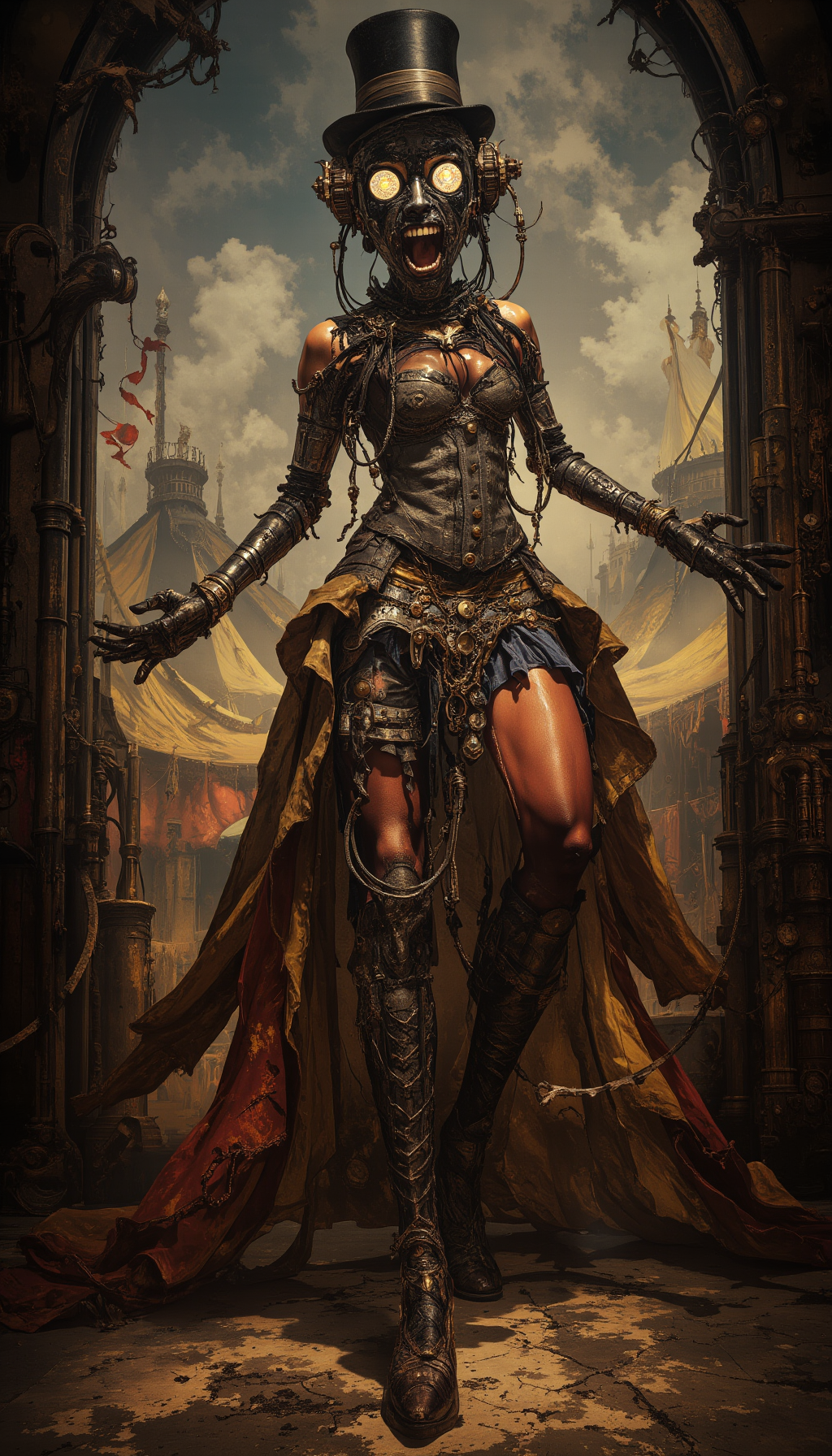 A steampunk-inspired scene of a robotic girl, her metallic skeleton exposed with intricate gears, wires, and cables whirring and clicking as she moves. Her face is a mix of human-like features and mechanical components, with glowing eyes that flicker with a mischievous charm. She wears tattered, yet flamboyant circus attire—a corset adorned with brass buttons, a ruffled skirt with frayed edges, and a top hat tilted jauntily on her head.

She stands at the entrance of a mechanical circus, her arms outstretched in a grand, inviting gesture. Behind her, the circus tent looms, its fabric patched and worn, with steam billowing from pipes and gears turning in the background. The air is filled with the sound of clanking metal, hissing steam, and the faint hum of electricity.

The atmosphere is a blend of wonder and decay, with the robotic girl as the charismatic ringmaster of this bizarre and fantastical world. The art style is highly detailed, capturing the textures of her metallic body, the intricate machinery, and the vibrant yet worn circus setting. The lighting is dramatic, with the glow of her eyes and the steam creating a sense of mystery and allure.

This artwork tells a story of curiosity, adventure, and the strange beauty of a world where technology and whimsy collide, with the robotic girl as the enchanting guide to a mechanical wonderland