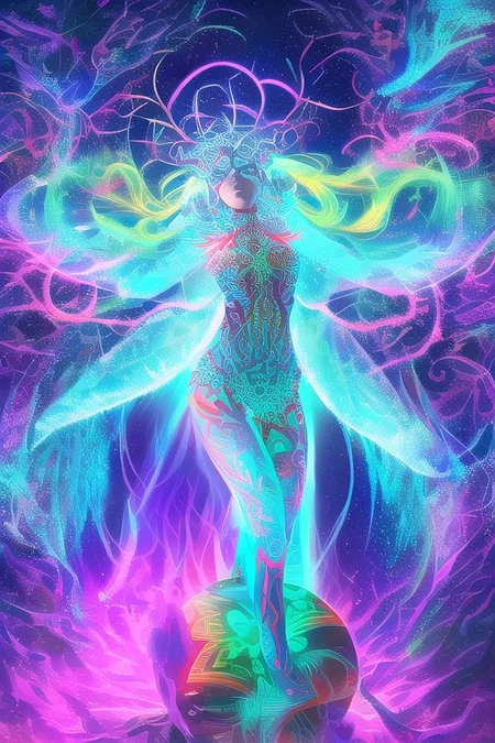 Ice-skinned girl dances in the snow, beats a tambourine. Arctic, The night sky with the aurora borealis (An image with very contrasting and vivid psychedelic colors) (OverallDetail, DaSa, psychedelic)