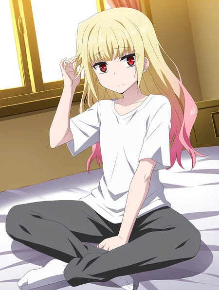 <lora:And_the_Hero_was_never_seen_again_Style_Illustrious:1> heroneverseenagain,
 <lora:YuriaNigured_LW:0.7>masterpiece, best quality, amazing quality, detailed,  YuriaNigured_LW,  blonde hair, multicolored hair, gradient hair, long hair, low tied hair, red eyes, pink hair, bangs, 1girl, solo, oversized t-shirt, bedroom, looking at viewer, fixing hair, flat chest, full body, sweatpants, socks, bed, sitting, window, sunlight, dutch angle, facing viewer, mature female, flat chest,