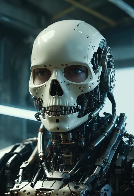 Cyberpunk, sci-fi, dark-fantasy, kodak portrait 400, 8k, soft light, volumetric lighting, highly detailed, britt marling style 3/4, portrait photo of a war man cyborg robot in a chemical laboratory + face, face is skullbone with scares, intricate, elegant, highly detailed, devil-armor, 2D motifs detailed dark fantasy digital painting, artstation, concept art, smooth, sharp focus, illustration, art by Otomo Katsuhiro and ShirÅ Masamune and Oshii Mamoru. Cosmic light in backfront
