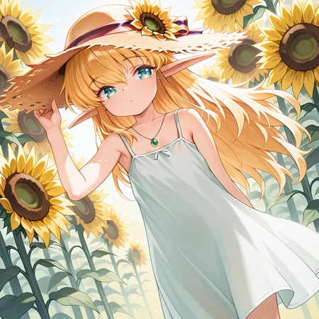1girl,solo,<lora:IL_Collet_Brause_Pastel_Chime:1>,pc_cb,Collet Brause,elf,pointy ears,blonde hair,
dutch angle,with a golden hue,glowing,foreshortening,fantasy,looking at viewer,young,
sundress,
straw hat,hand on headwear,hat flower,sunflower,hat ribbon,jewelry,necklace,pendant,
from back,looking back,Puffing out the chest,body visible through clothes,, masterpiece,best quality,amazing quality,very aesthetic,absurdres,