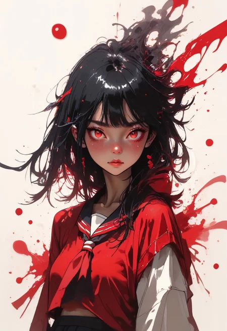score_9, score_7_up, 1girl, red eyes, black hair, hourglass figure:1.3, seifuku:1.4, monochrome:1.4, color splash:1, high contrast, masterpiece, best quality