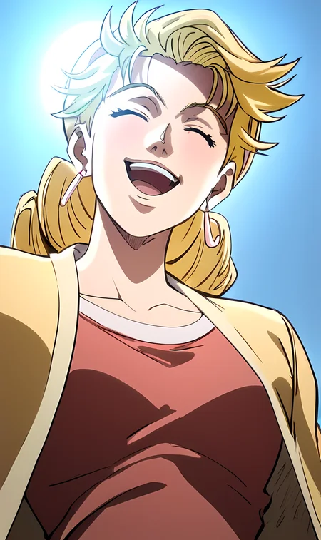 j0j0, score_8_up, score_7_up, source_manga, rating_explicit, <lora:j0j0XLP:0.5>, suz1Q, girl, blonde hair, messy hair, closed eyes, laughing, looking down, red dress, yellow coat, happy expression, upper body, indoors, spotlight <lora:Jojos_Bizarre_Adventure_Suzi_Q_-_Pony:0.9>