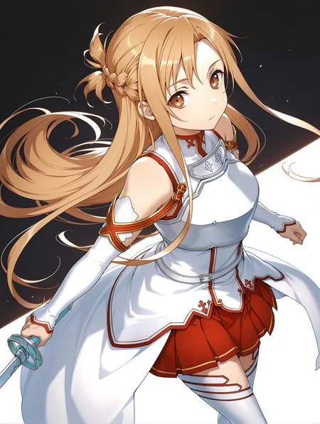 masterpiece,best quality,newest,
1girl,solo,
<lora:a_asuna_ilxl_v1:1>,a_asuna,brown eyes,a_clothes,long_sleeves,armor,red skirt,a_sword,holding sword,
<lora:Fixhands_anime_bdsqlsz_V1:1>,dynamic_angle,cinematic_angle,white_background,simple_background,cowboy_shot,expressionless,closed_mouth,
