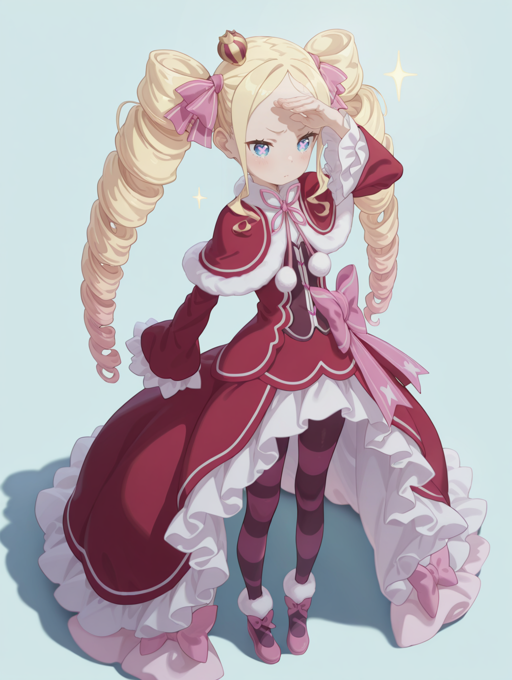 perfect quality,high quality,masterpiece,best quality,amazing quality,very aesthetic,absurdres,Cinematic Lighting,newest,Tactical use of shadow,
front view,full_shot,Doubtful expression,
BeatriceCYQL,1girl,solo,blonde hair,drill hair,long hair,twintails,twin drills,sidelocks,ribbon,hair ribbon,blue eyes,symbol-shaped pupils,crown,mini crown,dress,capelet,red capelet,fur-trimmed capelet,fur trim,pantyhose,striped pantyhose,striped,long sleeves,frills,frilled sleeves,red dress,frilled dress,shoes,pink footwear,bow,wide sleeves,
full body,standing,shading_eyes,,
lightsteelblue  background,simple background,
qxys,<lora:spo_sdxl_10ep_4k-data_lora_webui:0.7>,<lora:illustrious_all_rated_v1:0.7>,<lora:laser_light_clothes_v0.5-pony:0.4>,<lora:HG2512 by CYQL:0.9>,HG2512,<lora:BeatriceCYQL:1>,