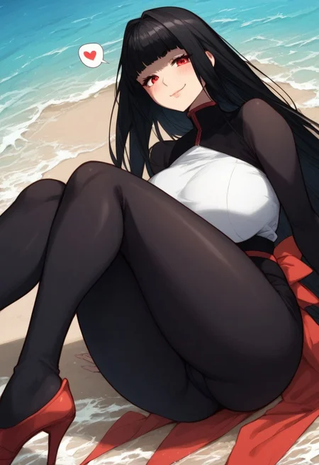 score_9_up, score_8_up, score_7_up, score_6_up, score_5_up, score_4, source_anime, 1girl, red eyes, black hair, blunt bangs, long hair, black and white shirt long sleeves, red bow at the waist, black pants, red heels,
alone, solo, huge breasts, gigantic round ass, perfect ass, thick thighs, cinematic lighting,
blushing skin, dynamic angle, unique angle, skin tight, looking at viewer, beach, in water,
expressiveh, (heart dynamics:1.2),
blush, erotic face, smirk, heavy breathing, steaming_body, (very low angle shot:1.1)