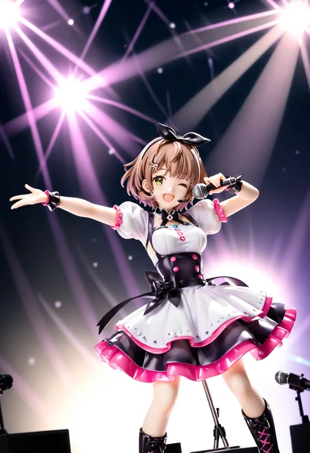 h_ikuta, score_9, best quality,
1girl, solo, short hair, bangs, brown hair, pink hair, hair bow, black bow, hairclip, hair ribbon, yellow eyes, brown eyes, medium breasts, blush, embarrassed, smile, happy, one eye closed,
pink glowstick, pink lights, bare arms, multicolored dress, boots, concert, detached sleeves, dress, holding, holding microphone, idol, idol clothes, indoors, posing on stage, microphone, puffy detached sleeves, puffy short sleeves, puffy sleeves, short sleeves, solo focus, spotlight, idol concert, looking at viewer, headset, colorfull stage, stage lights, pillar, neon
<lora:h_ikutaXL_pony:1>