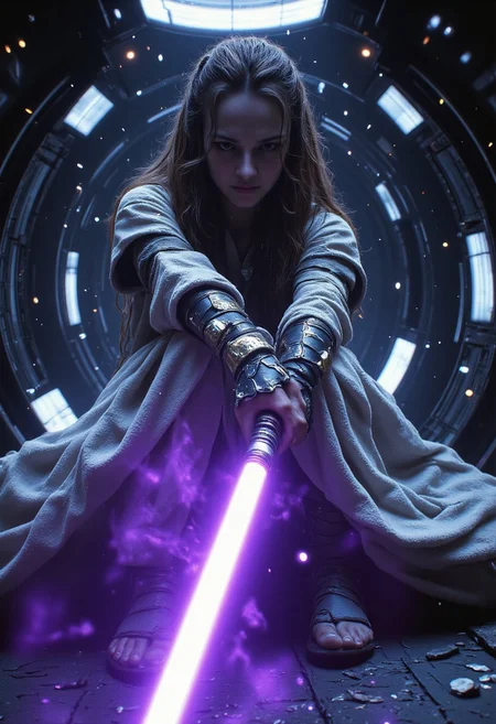 realistic, PHOTOREALISTIC, ((perfect anatomy)), (futuristic warrior wielding purple lightsaber:1.3), 25 years old, perfect quality, high quality,(sci-fi, star wars, jedi knight, empress, married), Jaina solo, big brown eyes, dark brown hair, long straight intricate hair, athletic female, ((fitness models, muscle detail, detailed muscle)), long athletic muscular legs, athletic round muscular butt, athletic hips, perfect breasts, perfect body, epic, long hair, intricate hairstyle, cute, soft skin, soft skin, textured skin ,shining glossy skin, soft abs, athletic waist, (slender body), sci-fi, futuristic, ((intricate transparent flowing sheer jedi robes showing sexy body underneath:1.2, armor parts on body:1.2, marble armor:1.2, greave, boots)), glowing Kintsugi tattoos on body:1.3, Expressiveh, (volumetric lighting:1.2), cinematic, cinematic lighting, reflections, ultra hd, visual effects, graphic effects, ambient occlusion, raytracing, soft lighting, realistic, blum effect, masterpiece, absolutely eye-catching, particles, glow, shining, (intricate cinematic background, on space station, outer space in background, leaping into the air towards unseen sith lord swinging lightsaber at them, dimly lit room, seducing viewer, god rays), (beautiful face), R3alisticF, Perfect hand, Detailed hand, 5 fingers on each hand