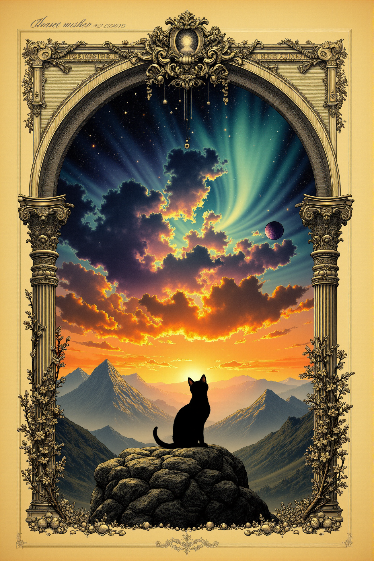 <lora:Vintage_sketch_style_v.1:0.8> VintageSketch style.  This ethereal scene captures a profound sense of wonder as a solitary cat sits atop a rocky ledge, gazing into the vastness of a cosmic sky. The silhouette of the cat is delicately outlined against the vibrant backdrop of a glowing sunset, where the land meets the universe in a surreal, dreamlike atmosphere. The terrain is composed of distant mountain peaks that stretch out into a hazy horizon, bathed in warm, golden-orange light as the last rays of sunlight give way to the twilight. Above, the sky transitions into a cosmic tapestry filled with swirling nebulae and glowing stars. The colors in the sky range from deep oranges and reds at the horizon, blending into luminous blues, purples, and teals as they ascend into the vast reaches of space. The nebula, arching across the sky like a celestial bridge, bursts with vibrant hues and intricate details, suggesting the beauty and mystery of the universe. Tiny stars sparkle amidst the swirling clouds, with distant planets and a crescent moon adding to the dreamlike quality of the night sky. The juxtaposition of the earthly and the cosmic emphasizes the majesty of the universe, while the catâs serene pose conveys a sense of quiet contemplation, as if it is in awe of the celestial wonder before it. The overall composition evokes both solitude and connection, blending the simplicity of the cat with the grandeur of the cosmos. The colors and soft gradients give the image a painterly, otherworldly feel, making it an evocative meditation on the mysteries of the universe and the small moments of reflection we share with it.