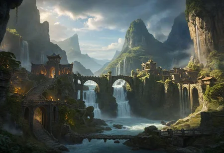 masterpiece, best quality, ultra detailed, professional light, cinematic lighting, ambient lighting, atmospheric effects, epic landscape, fantasy city, ruins, waterfall, mountains, cliff, bridge, Kintsugi, path, clouds
