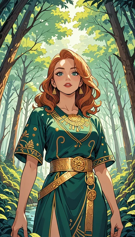 score_9, score_8_up, score_7_up, (Western Comics), girl, cute, iranian, seductive, innocent, gold large belt, trees are patterned, intricate, symbolist designs, gold leaf accents, flat composition, decorative surfaces, Klimt's Art Nouveau style, (forest background), (Cowboy shoot photo), (depth of field), (dynamic angle), (ultra detailed, high quality texture), (sharp), (artistic image)