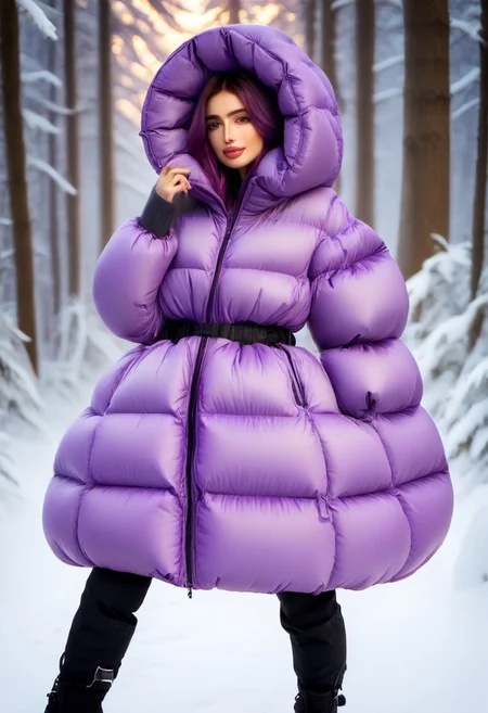 full body shot of one front cute, sweet woman, [person:0.75], radiating elegance and beauty. She is dressed in a violet ((hooded up ankle length very puffer strait closed   hood downciat)). The hood had is fully closed, ((High Yoked)). The lighting is mid, highlighting her features . Cinematic lighting, very cold, high resolution, winter fashion, realistic shading, , artstation, masterpiece. hd and high detailed clothing. down clothes by parkasite. sweetest, cutest. she stay fasten on a restraint harness, fasten on legs, fasten on arms, fasten on ankles, fasten on wrists, fasten on neck. (bokeh) <lora:Parkasite_v10:1.0> <lora:Segufix_V1_1:0.9>
