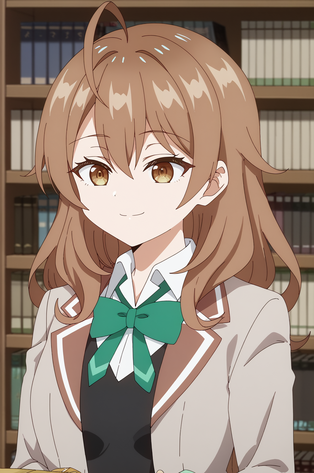 <lora:rttt:0.8> Maria, rating safe, solo, long hair, smile, shirt, brown hair, bow, hair between eyes, closed mouth, jacket, school uniform, white shirt, upper body, ahoge, collared shirt, book, blazer, green bow, bookshelf, black border, green bowtie