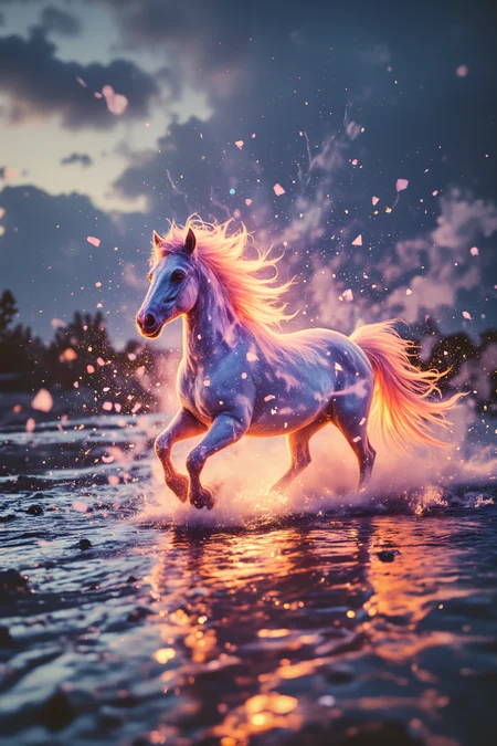 An elemental horse gallops across a water surface, breaking through crystal barriers that dissolve into light. Its mane and tail are made of living flame, while its hooves create ripples of glowing energy on the water. Fractured crystal pieces float in the air around it, each reflecting a different color of the spectrum. The sky above shows both sun and stars, creating an impossible twilight scene. , detailed background Fantastic lighting. Detailed shadows.intricate details, vivid colors, hyper-detailed, ultra-sharp, High resolution, high detail. Highly detailed. <lora:OBæç«å¾äººåæå½±Instant camera portrait photography V2.0:1.0>, <lora:Dark side of light:0.55>, <lora:aidmaFLUXPro1.1-FLUX-v0.3:1.0>, <lora:Glitchcore_Flux:0.8>,
