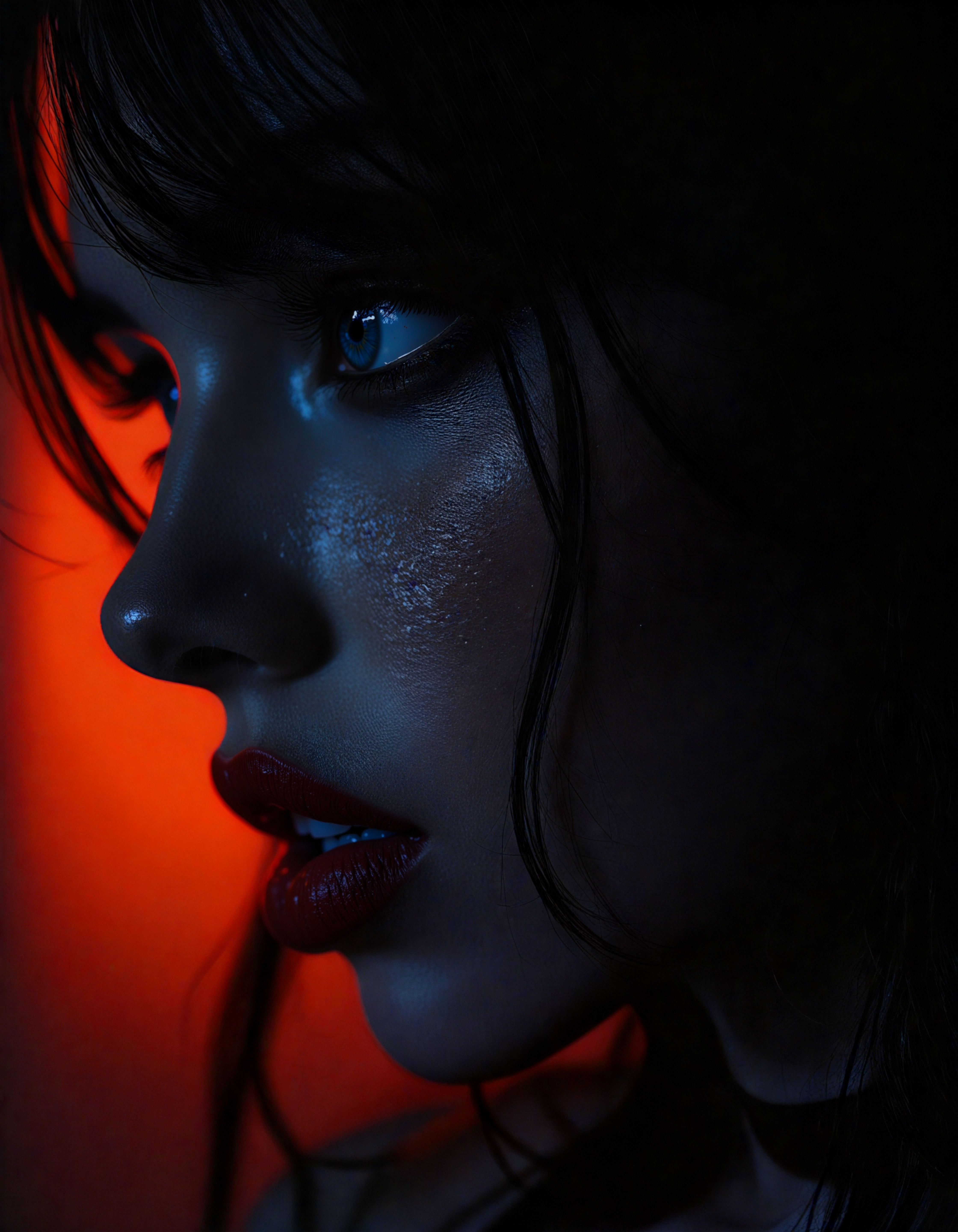 silhouette style hyperrealistic art (dark mood masterpiece Photography:1.2), portrait of a mysterious woman with blue eyes and bold eyeliner, she has sensuous lips, looking seductively, naughty, shy smirking. The extreme realism focuses on her detailed skin, showing fine textures and natural highlights. photography masterpiece, modern, irresistible beauty, fuzzy lighting, dark mood, unusual composition, use of negative space, (rule of thirds composition), simmetry , mysteriouse, emotional, flirting, (fine erotic content:0.65), groundbreaking unrivaled opus with unrivaled details, (Wine Red color scheme), highly detailed, melancholic, low-light hyper detailed photography, catchlights, style by Luis Royo . extremely high-resolution details, photographic, realism pushed to extreme, fine texture, incredibly lifelike, extreme close-up shot,side view,style by Luis Royo,bloom light,Low Key Lighting . high contrast, minimalistic, black and white, stark, dramatic<lora:flux\Flux__Semi-realistic_art_style-000004.safetensors:0.45:0.45> <lora:flux\detailed_skin_portraits-000005.safetensors:0.15:0.15> <lora:flux\flux_realism_lora.safetensors:0.45:0.45> <lora:flux\flux_Pro-skin.safetensors:0.2:0.2>, <lora:flux\standard\Eye_Detail_Flux_Lora_-_Inpainting.safetensors:1.0:1.0>