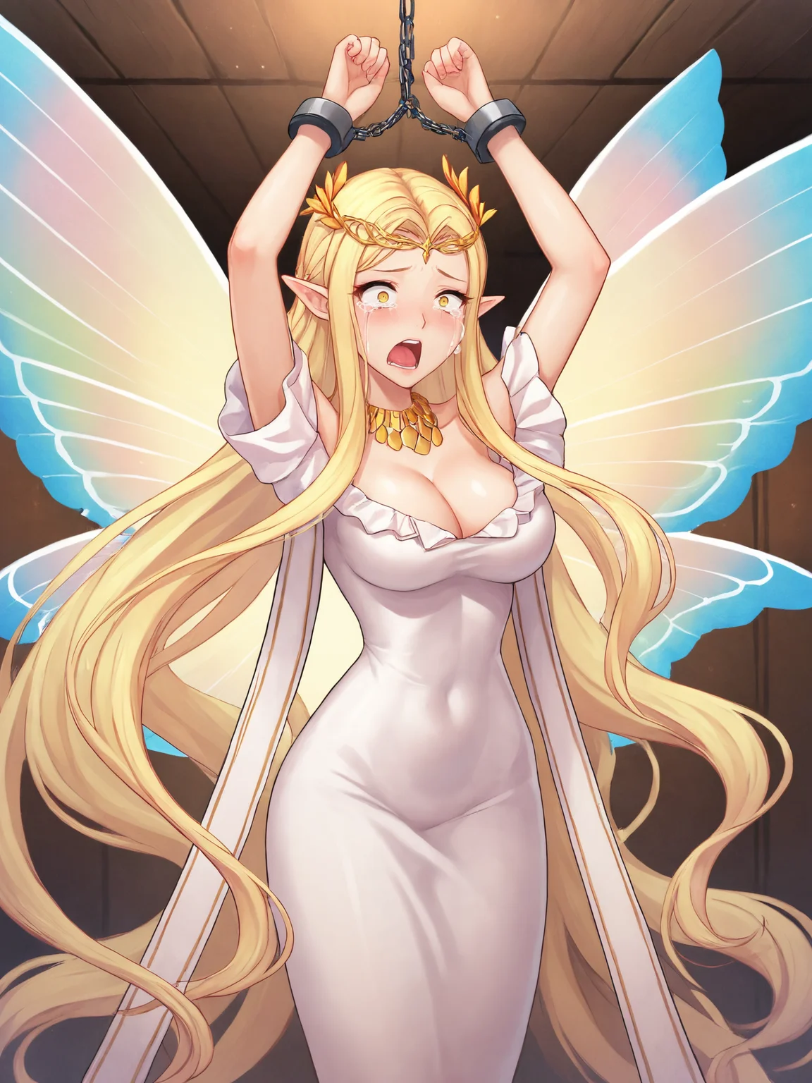 score_9, score_8_up, score_7_up, BREAK,
1girl, solo, BREAK,
aurorafategrandorder, fairy, blonde hair, parted bangs, wavy hair, absurdly long hair, yellow eyes, pointy ears, large breasts, cleavage, BREAK,
circlet, forehead, jewelry, necklace, white dress, long dress, off-shoulder dress, mermaid dress, tight clothes, tight dress, narrow waist, stole, tassel, bare shoulders, collarbone, BREAK,
butterfly wings, insect wings, fairy wings, multiple wings, <lora:Aurora:0.5>, BREAK,
tears, (crying:1.5), shocked, surprised, constricted pupils, open mouth, screaming, shouting, BREAK,
arms up, bound wrists, handcuffs, chain, BREAK,
indoors, dungeon
