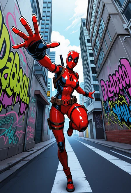 graffiti style 1girl, solo, deadpool, perspective, reaching, masterpiece, best quality, amazing quality, dynamic pose, dutch angle shot . street art, vibrant, urban, detailed, tag, mural