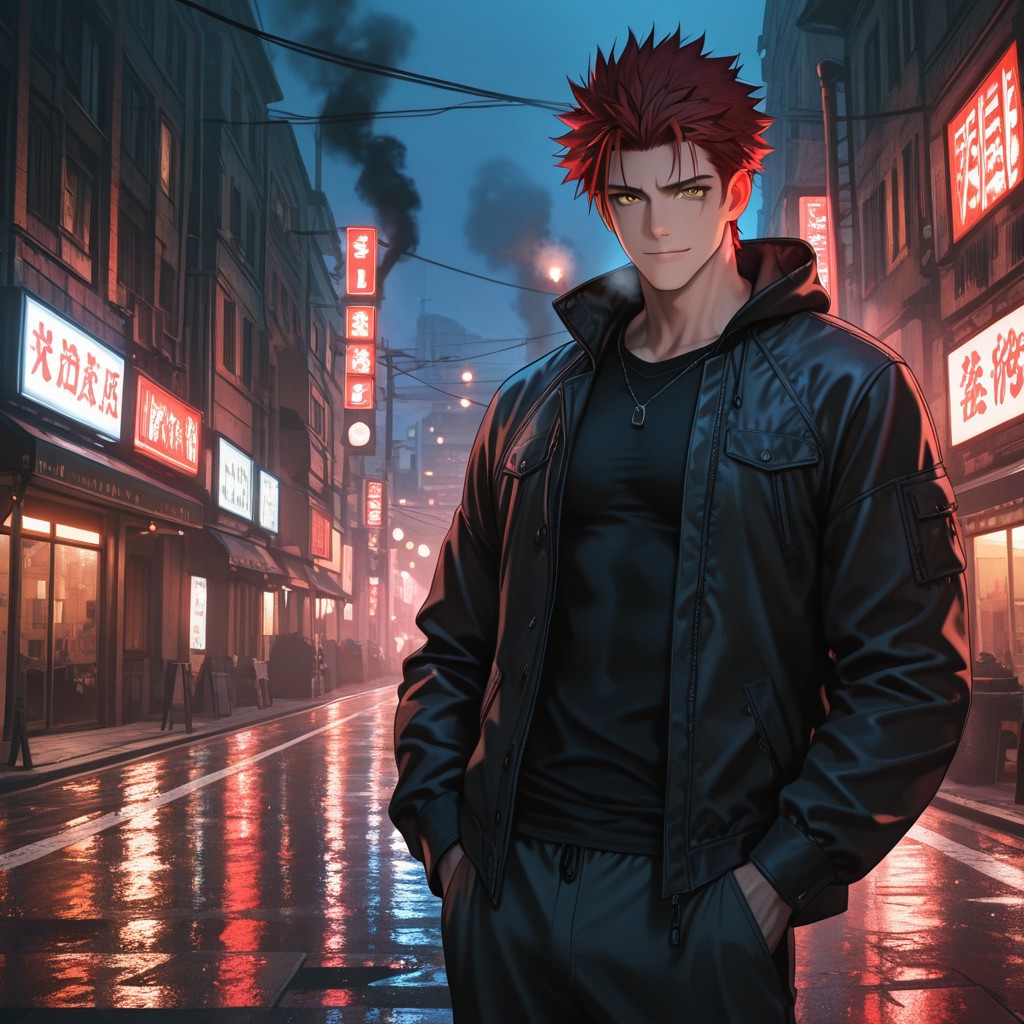 masterpiece, best quality, amazing quality, absurdres, newest, detailed background, definition so sharp, Ultra-HD, 8K cinematic, very awa, impressionate, amazing quality, highres, 
solo, male focus, manly, 
1boy, spiked hair, short hair, mikoto_red hair, mikoto_yellow eyes, mikotosuoh, open jacket, black shirt, smoke, urban setting, night, streetlights, subtle glow, predatory gaze, muscular, standing, hands in pockets, looking at viewer, calm expression, slight smile,