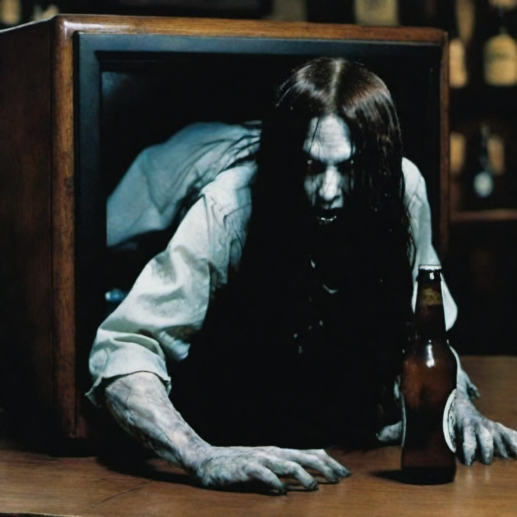 Horror-themed a creepy woman (((reaching out for a beer)), face hidden by hair, crawling out of a tv in a pub <lora:lcm_lora_sdxl:1> <lora:TheRing1024:0.85> . Eerie, unsettling, dark, spooky, suspenseful, grim, highly detailed