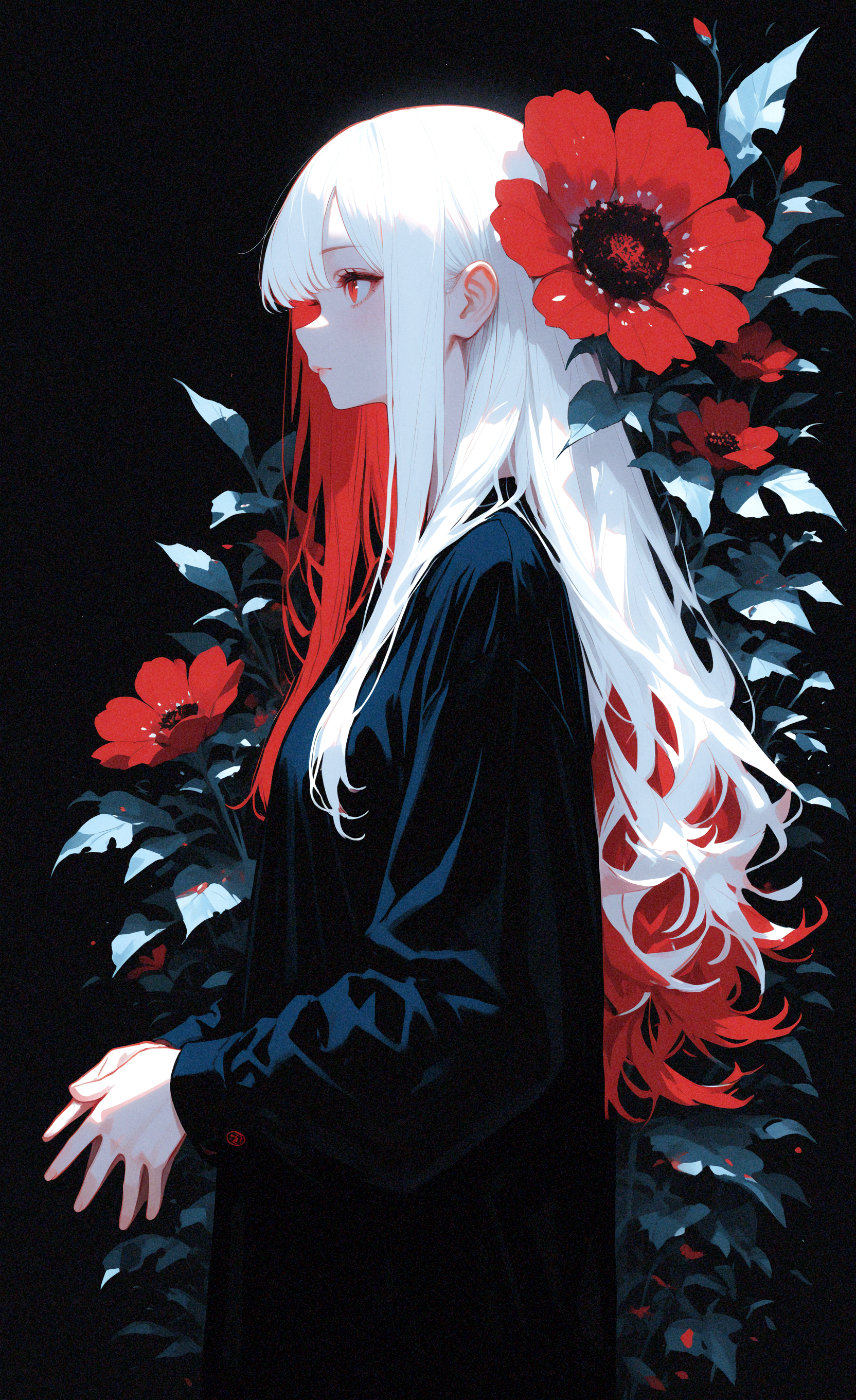 masterpiece, best quality, good quality, very awa, very aesthetic, absurdres, newest, 1girl, black shirt, closed mouth, color contrast, flower, from side, leaf, long hair, long sleeves, multicolored hair, own hands together, plant, profile, red flower, red hair, shirt, solo, standing, two-tone hair, upper body, white hair, highres <lora:NOOB_vp1_detailer_by_volnovik_v1:0.35> <lora:noobai_ep11_stabilizer_v0.138_fp16:0.5> <lora:ponyv6_noobV1_2_adamW-000017:0.7> <lora:745cmSDXLvpred75S:0.45> <lora:haiz_ai_illu:0.4>