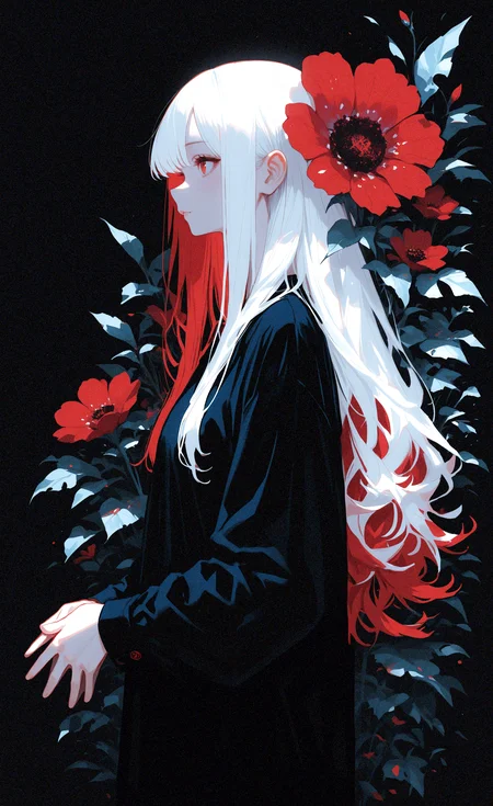 masterpiece, best quality, good quality, very awa, very aesthetic, absurdres, newest, 1girl, black shirt, closed mouth, color contrast, flower, from side, leaf, long hair, long sleeves, multicolored hair, own hands together, plant, profile, red flower, red hair, shirt, solo, standing, two-tone hair, upper body, white hair, highres <lora:NOOB_vp1_detailer_by_volnovik_v1:0.35> <lora:noobai_ep11_stabilizer_v0.138_fp16:0.5> <lora:ponyv6_noobV1_2_adamW-000017:0.7> <lora:745cmSDXLvpred75S:0.45> <lora:haiz_ai_illu:0.4>