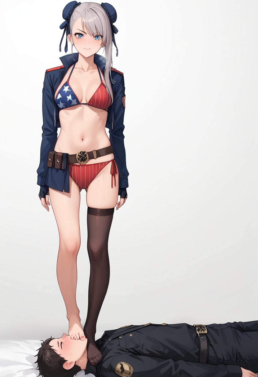 score_9,score_8_up,score_7_up,score_6_up,score_5_up,score_4_up,score_anime,
best quality, absurdres, Cinematic Lighting, femdom, ThroatStanding, standing on throat, standing on neck, neck trample, trampling, 
1girl (blue eyes, long hair, grey hair, single sidelock, single hair bun, bun cover, red bun cover, American Flag Bikini, cropped jacket, long sleeves, asymmetrical gloves, fingerless gloves, asymmetrical legwear, asymmetrical footwear, Single Thighhigh, belt, skinny, young, athletic, skindentation, looking down, standing on throat with both feet, tramples throat, dominatrix), 
BREAK 
1guy (lies face up, guy's face, submissive guy, writhing in pain, screams in pain, can't breathe),