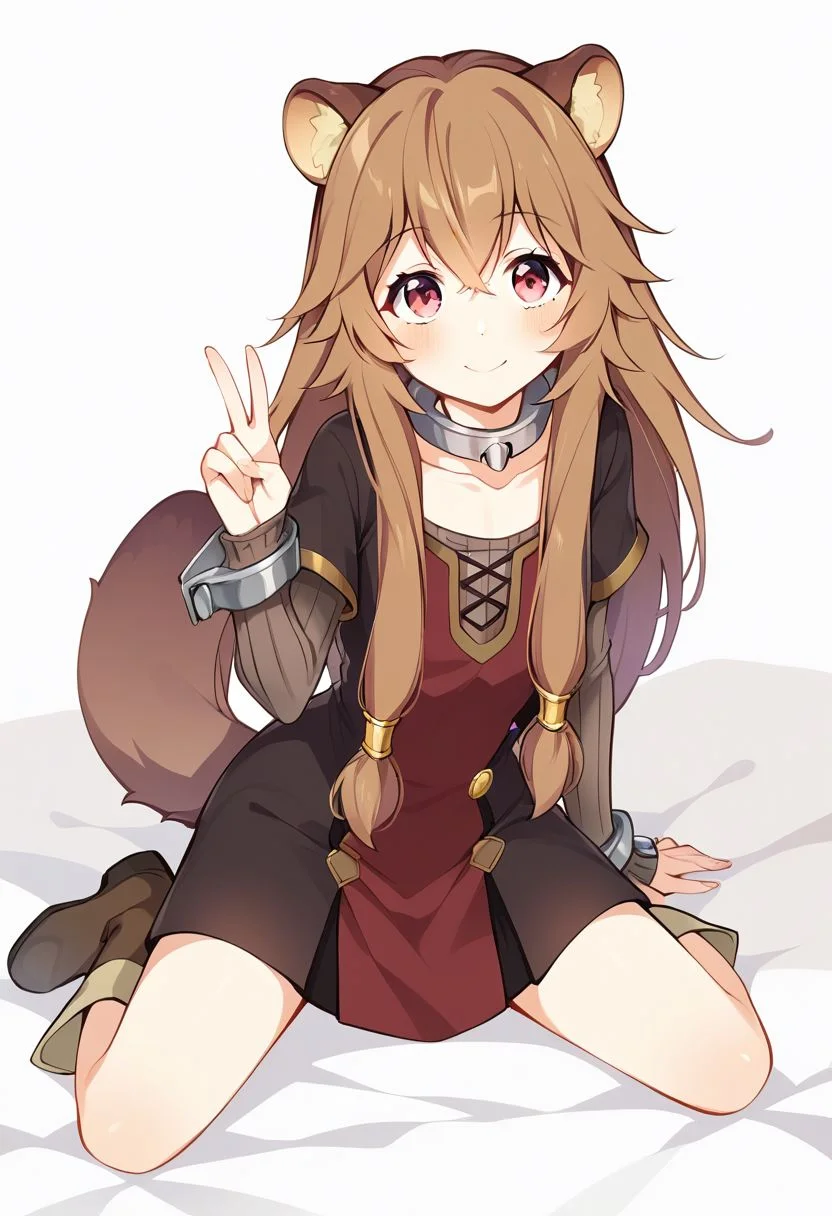 raphtalia,red eyes,raccoon girl,long hair,sidelocks,dress,long sleeves,boots, 
flat breasts, barefoot, 
petite body, slender, slender waist,
kneeling, spread legs, v, peace sign, both hands, leaning forward, 
straight-on, look at viewer, full body view, 
score_9, score_8_up, score_7_up, score_6_up, score_5_up, score_4_up, BREAK source_anime, masterpiece