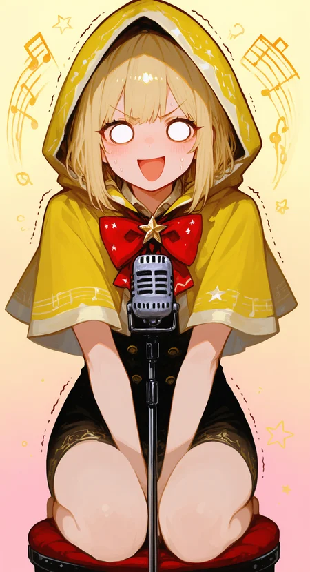 masterpiece, best quality, good quality, very aesthetic, absurdres, newest,1girl, solo, o o, bow, bowtie, capelet, gradient background, hood up, hooded capelet, light blush, microphone, nervous, nervous sweating, seiza, sitting on stool, open mouth, pink background, red bow, red bowtie, smile, staff (music), star (symbol), sweat, traditional bowtie, trembling, v-shaped eyebrows, yellow background, yellow capelet, The microphone stand is placed in front of the girl <lora:ponyv5_noobV065S_1_adamW-000013:0.7> <lora:USNR_STYLE_XL_lokr:0.45> <lora:GBF_Illustrious:0.4> <lora:745cmSDXLvpred75S:0.8>