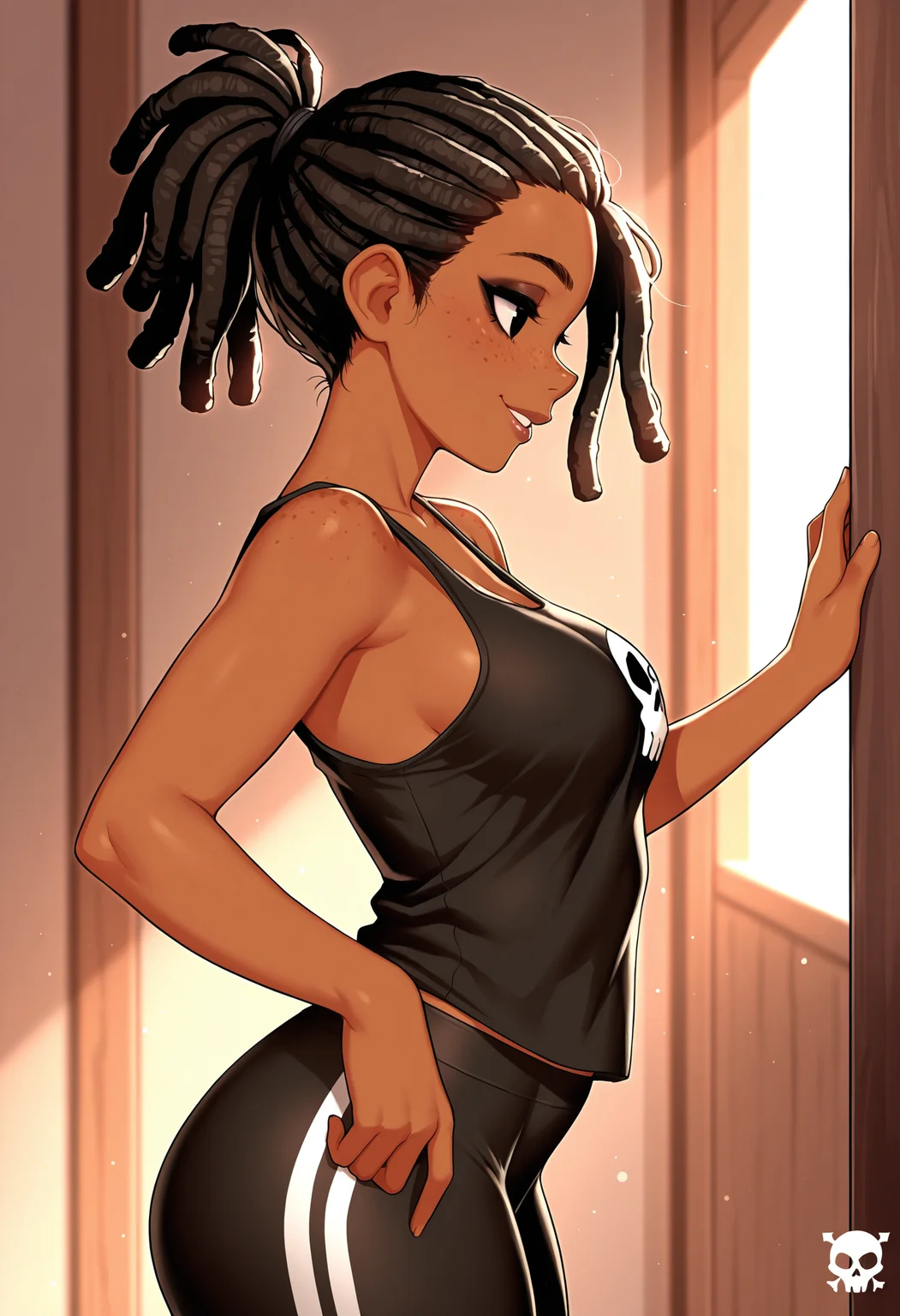 masterpiece, best quality, amazing quality, absurdres, vibrant lighting, side view, standing, mid shot, adult female, 1girl, solo, brown skin, black eyes, eyeliner, full lips, smile, freckles, short hair, ponytail, dreadlocks, petite, medium breasts, freckles, black tank top, skull logo, black leggings,