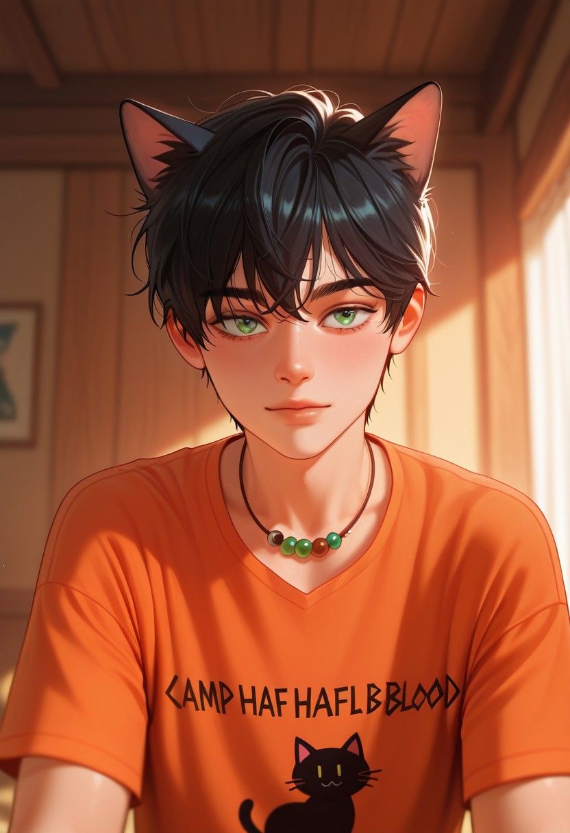 cinematic, intricately detailed illustration, depth of field, masterpiece, best quality, amazing quality, very aesthetic, absurdres, newest, 1 cat boy, male focus, cute boy, solo, cat ears, Percy_Jackson, Black Hair, Green Eyes, Camp Half Blood Shirt, Orange Shirt, Bead Necklace