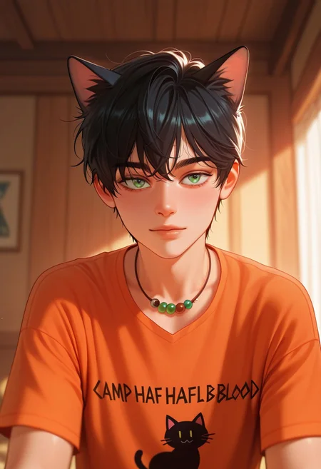 cinematic, intricately detailed illustration, depth of field, masterpiece, best quality, amazing quality, very aesthetic, absurdres, newest, 1 cat boy, male focus, cute boy, solo, cat ears, Percy_Jackson, Black Hair, Green Eyes, Camp Half Blood Shirt, Orange Shirt, Bead Necklace