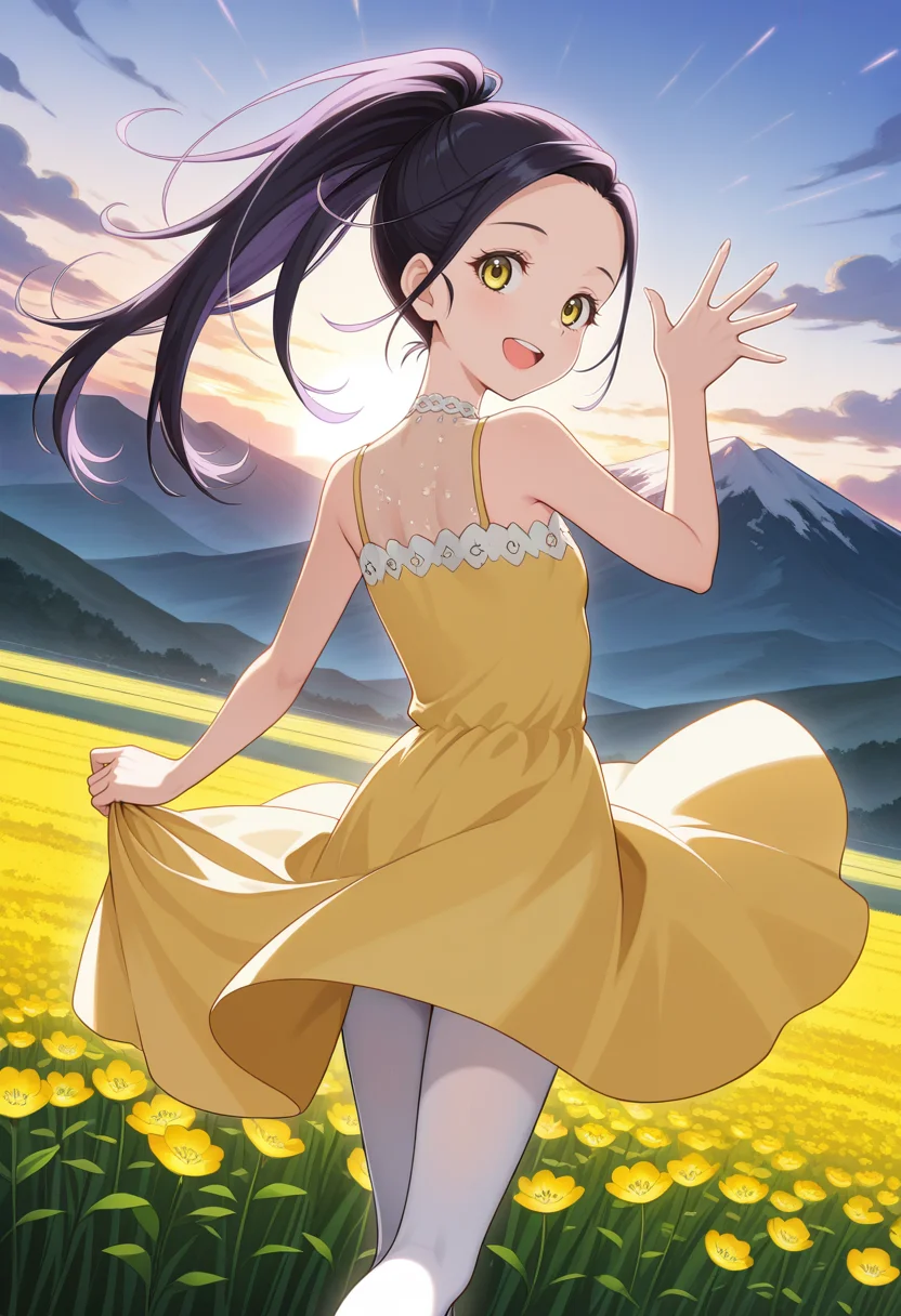 <lora:Hikaru KAMISAKI_illustrious-000018:1>,Hikaru KAMISAKI,solo,white dress,yellow eyes,smile,ponytail,long hair,white pantyhose,purple hair,black hair,upper teeth only,open mouth,dancing,waving,
masterpiece,best quality,from behind,dutch angle,looking at viewer,:d,yellow sundress,skirt hold,outdoors,field,mountain,flower,wind,sunrise