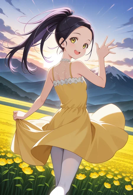 <lora:Hikaru KAMISAKI_illustrious-000018:1>,Hikaru KAMISAKI,solo,white dress,yellow eyes,smile,ponytail,long hair,white pantyhose,purple hair,black hair,upper teeth only,open mouth,dancing,waving,
masterpiece,best quality,from behind,dutch angle,looking at viewer,:d,yellow sundress,skirt hold,outdoors,field,mountain,flower,wind,sunrise