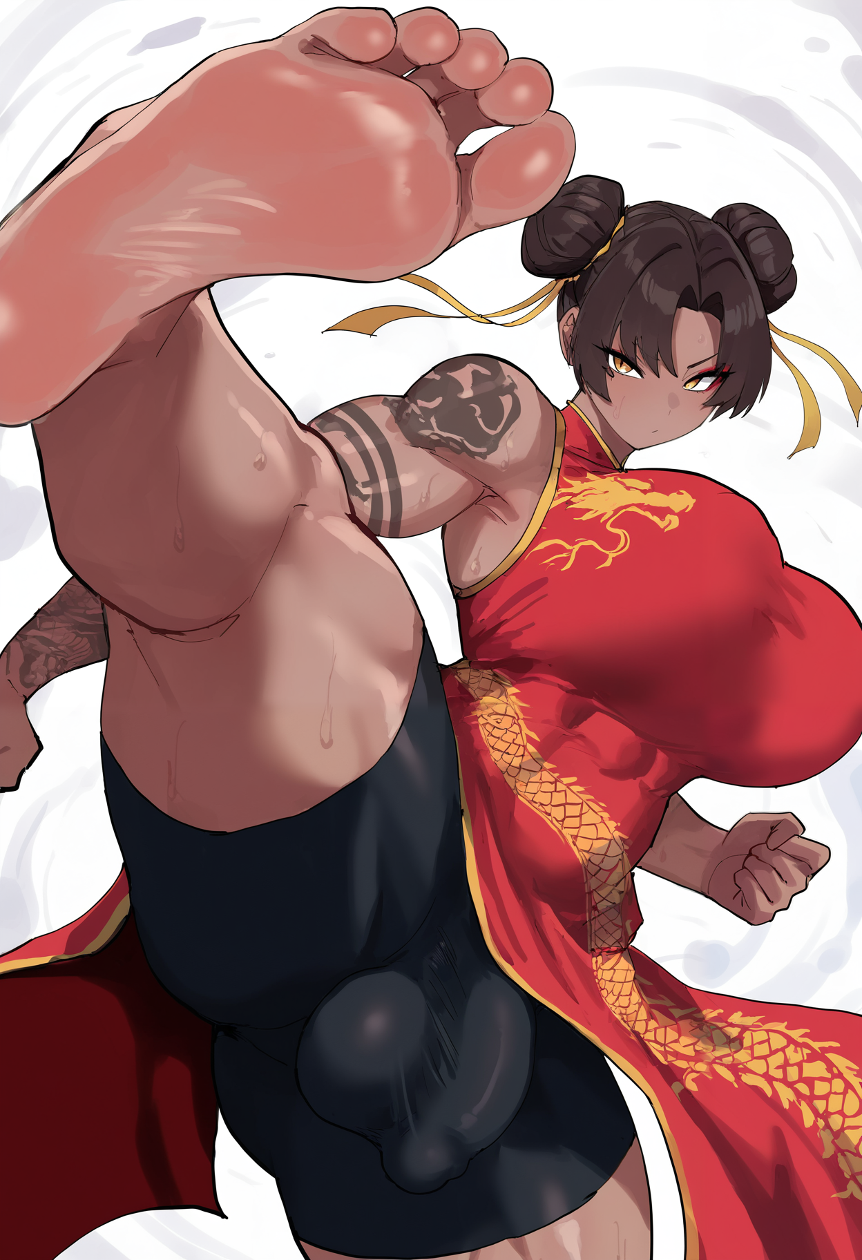 jipa42760710,


1girl,  huge breasts, dark skin, looking at viewer, muscular, muscular thighs, dragon print, red china dress, arm tattoo, dark penis, thick arms, arm tattoo, double bun, curtained hair, hikimayu, high kick, leg up, clenched hands, armpit, gold trim, ink wash painting background, eyeliner, bike shorts, deep skin, sweat, (bulge), futanari,from above, brown hair, feet,soles,foot focus, kicking, bouncing breasts, sweatdrop, 
  

masterpiece, best quality, amazing quality, very aesthetic, absurdres,  newest, 
