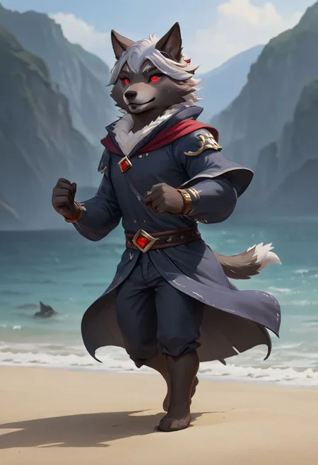 furry wolf, gray wolf, chibi, 
bad Wolf, with red eyes,  beach,
pants or shorts, furry body
full-length frontal view, flight phase during running, legs above the ground, wind blowing the cloak, fast running,
Hyperrealistic art high-quality portrait flat matte drawing of a cute Nendoroid and cartoon style, anime flat style, thick drawing, medium close-up", (solo:1.2), photorealistic:1.5, 8k, texture skin, realistic skin, detailed skin, highest detailed, extreme detailed, 8k wallpaper, colorful, (dark magic), ring with the stone, (intricate details), (hyperdetailed), 8k hdr, high detailed, lot of details, high quality, soft cinematic light, atmospheric perspective (focus on), color Ink wash painting, Extremely high-resolution details, photographic, realism pushed to extreme, fine texture, incredibly lifelike, two people, two children