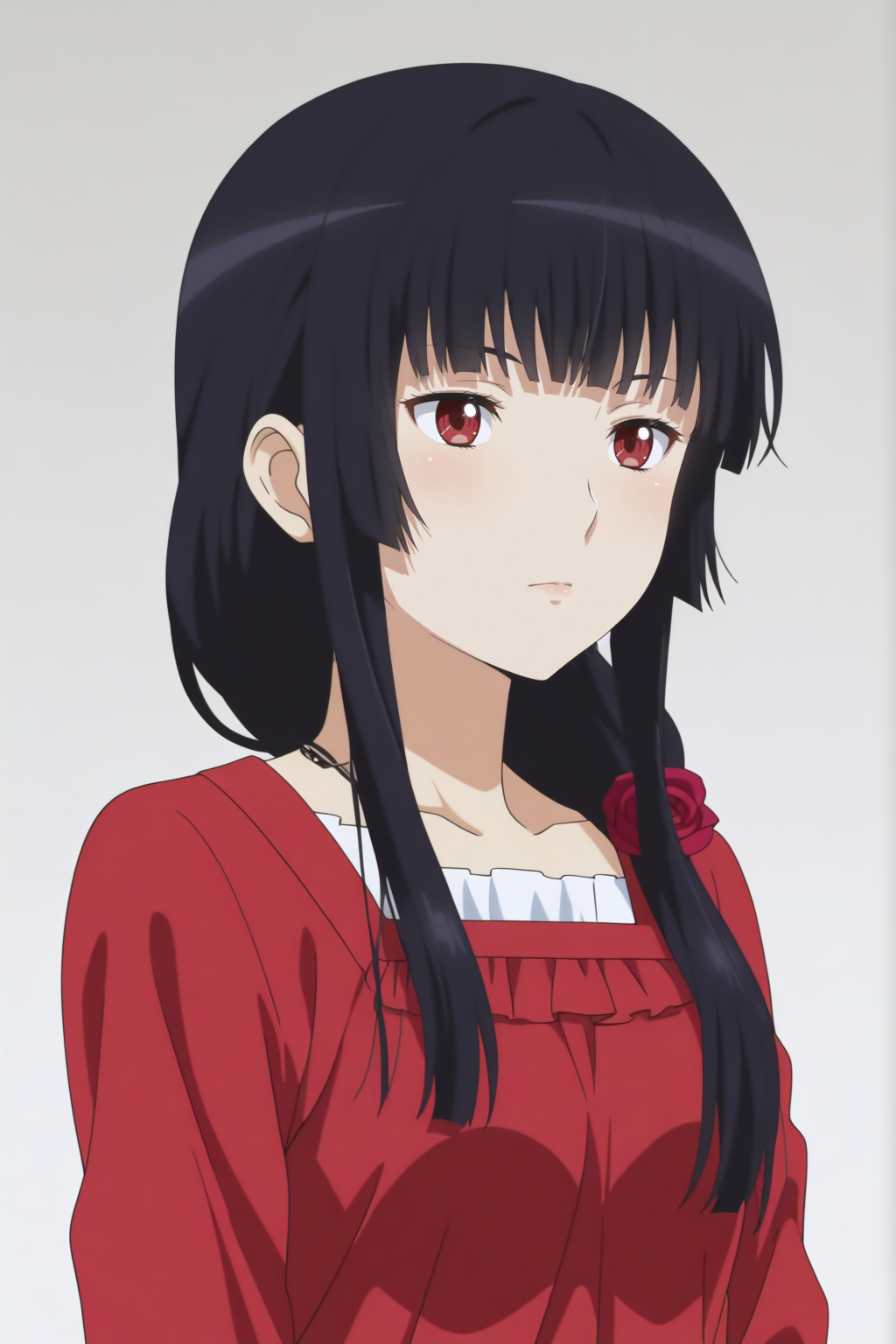 Atoko Shirogane, red eyes, hair over shoulder, red rose, hime cut, long black hair <lora:Haiyore_Nyaruko-san-illust:0.8>