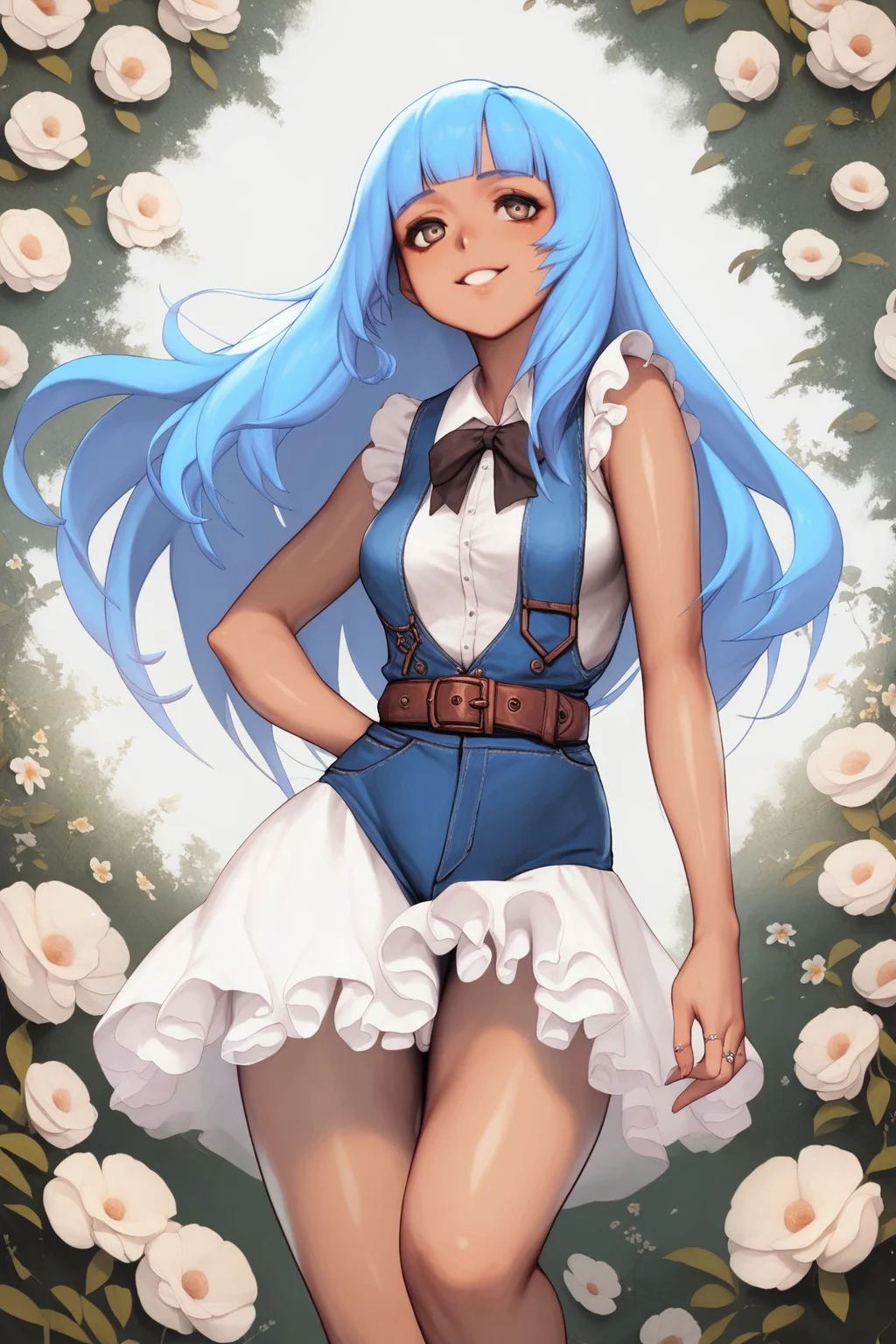 score_9, score_8_up, score_7_up, 1girl, wallwalking, looking up, kind smile, light_blue hair, blunt_bangs, bangs_pinned_back, light_brown eyes, breasts, dark skin, pinafore dress, sheer, lace, frills, belt, ribbon, ring, Myrsine \(flower\), floral background, hand_on_hip,  dim light <lora:destiny_c_PonyXL_style_v02.07.01.10.05:1>