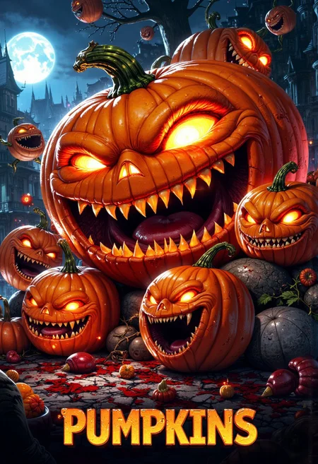 Masterpiece, realistic, a parody movie poster of the movie "Critters" where the creatures are scary pumpkins with sharp teeth, the movie title is "Pumpkins", high-res, semi realistic, best quality, intricate details, ultra details, good lighting, vibrant colors, very detailed, octane render, ray tracing, mythp0rt