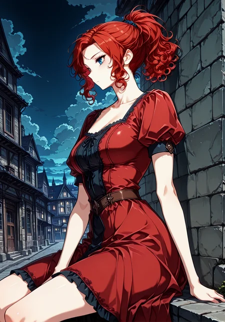<lora:Alicia_Termina_Magentano__The_Greatest_Estate_Designer:1>
1 girl, solo, red hair, blue eyes, medium hair, curly hair,
red dress, short sleeves, puffy sleeves, puffy short sleeves, ponytail, collarbone
masterpiece, best quality,high quality, newest, highres,8K,HDR,absurdres, score_9, score_8_up, score_7_up, score_6_up, source_anime, masterpiece, best quality, absurdres, highres, newest, anime coloring <break> 1girl, solo, sitting, on wall, from side, town, night sky, cloud <lora:iLLMythG0thicL1nes:1> , <lora:Eyes_High_Definition:1>