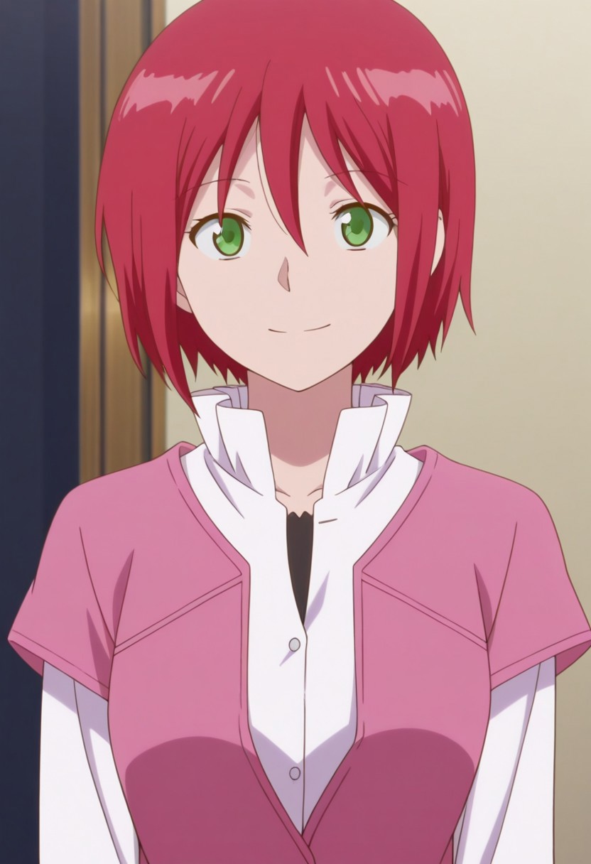 masterpiece,best quality,amazing quality, source_anime, 
shirayuki, 1girl, solo, green eyes, red hair, short hair, shirt, white shirt, frilled collar, black undershirt, jacket, pink jacket, short over long sleeves, smile,