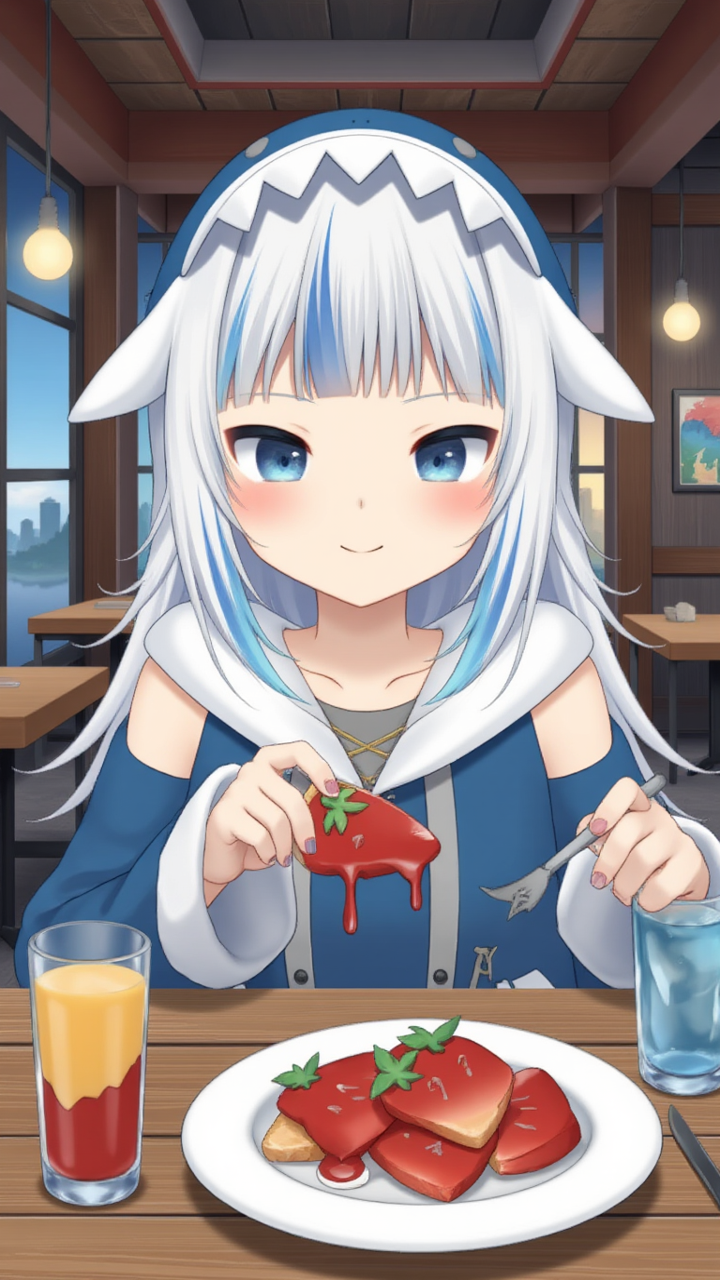 gawrgura, 1girl, light white blue hair streak, POV you are eating with gawrgura at a restaurant 