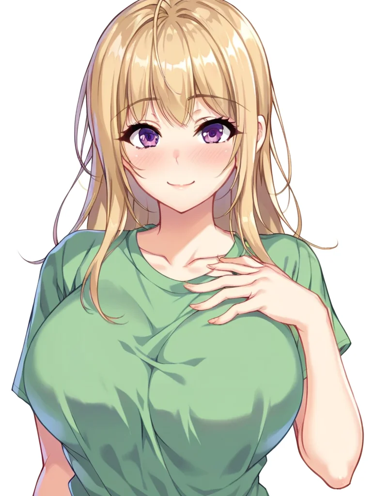 score_9, score_8_up, score_7_up,
1girl, koshizumi sanae, long hair, blonde hair, large breasts, purple eyes,
green t-shirt, short sleeves,
looking at viewer, smile, closed mouth, hand on own chest, blush,
standing, upper body,
white background, solo,